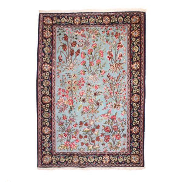 Tappeto Iran Qum Kurk 162x106 cm con trama in cotone e vello in lana kurk. Disegno tipo floreale e faunistico.